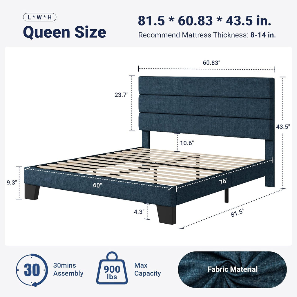Allewie Queen Size Platform Bed Frame with Fabric Upholstered Headboard and Wooden Slats Support, Fully Upholstered Mattress Foundation/No Box Spring Needed/Easy Assembly, Navy Blue