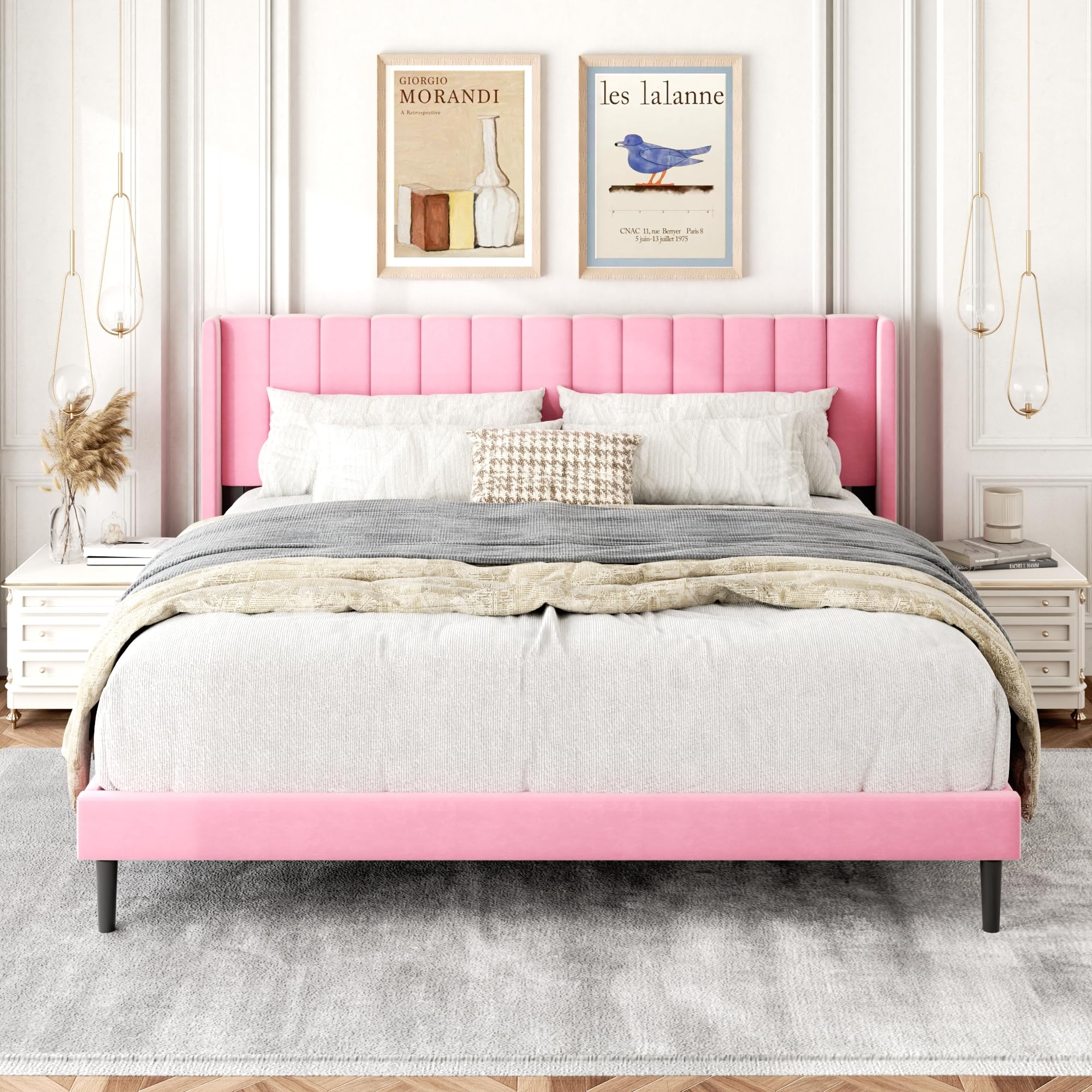 Gruwans Queen Size Bed Frame with Upholstered Wingback Headboard, Easy Assemnly Platform Bed, Wooden Slat Support No Box Spring Needed, Sand