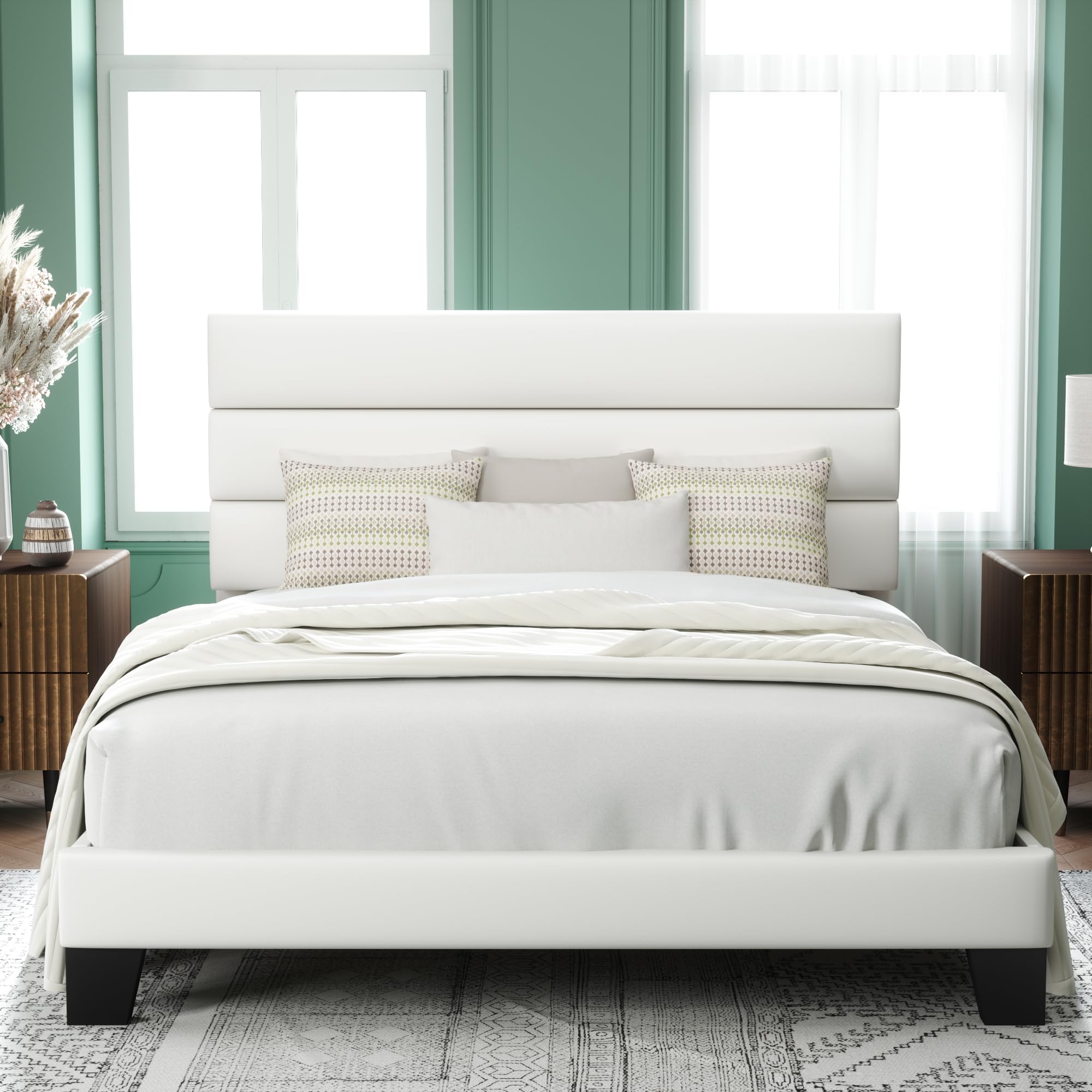 Allewie Queen Size Platform Bed Frame with Fabric Upholstered Headboard and Wooden Slats Support, Fully Upholstered Mattress Foundation/No Box Spring Needed/Easy Assembly, Navy Blue