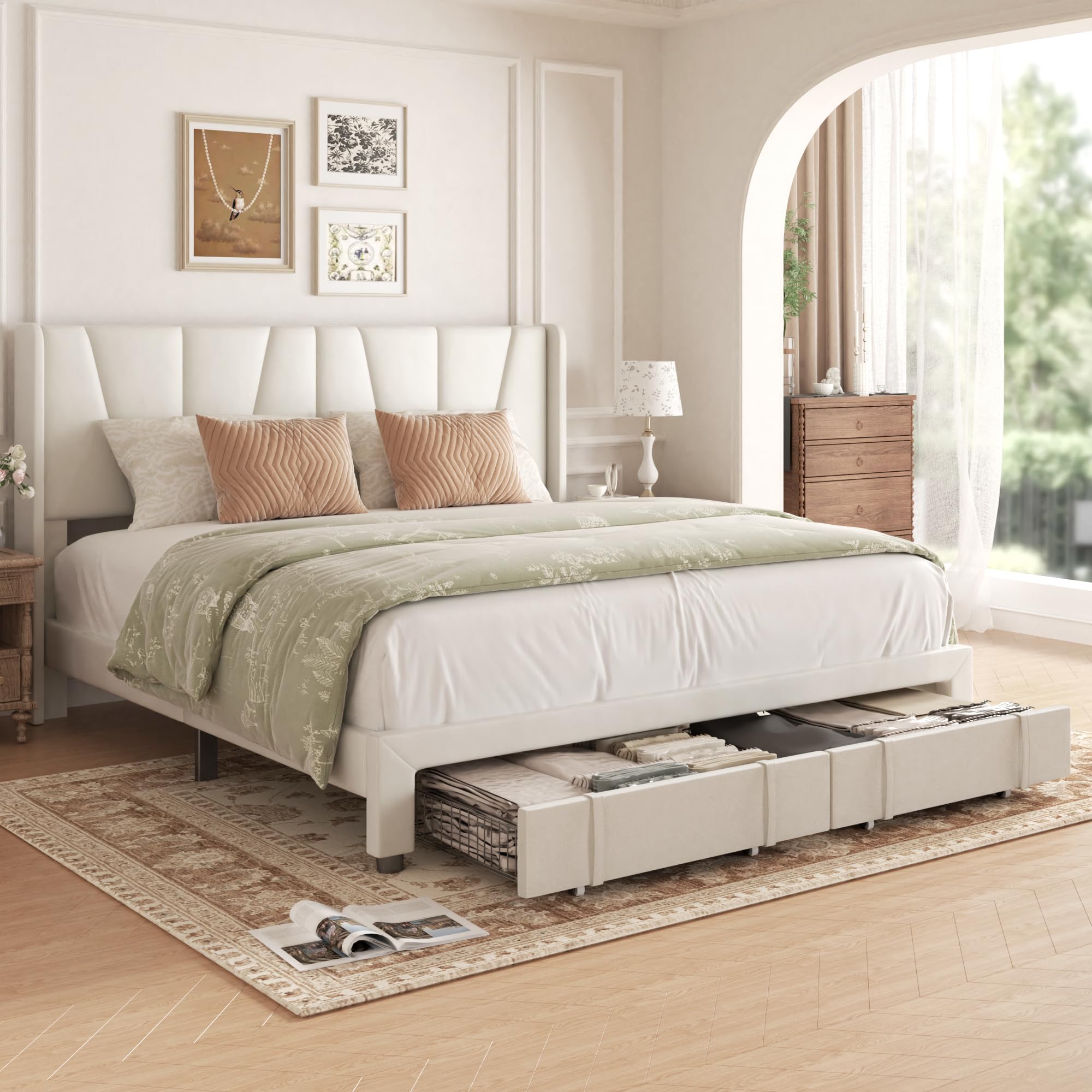 Queen Bed Frame with Storage Drawers, Upholstered Queen Size Platform Bed with 47" Tall Headboard and Wingboard, No Box Spring Needed, Noise Free, Easy Assembly, Wooden Support Slats, Beige