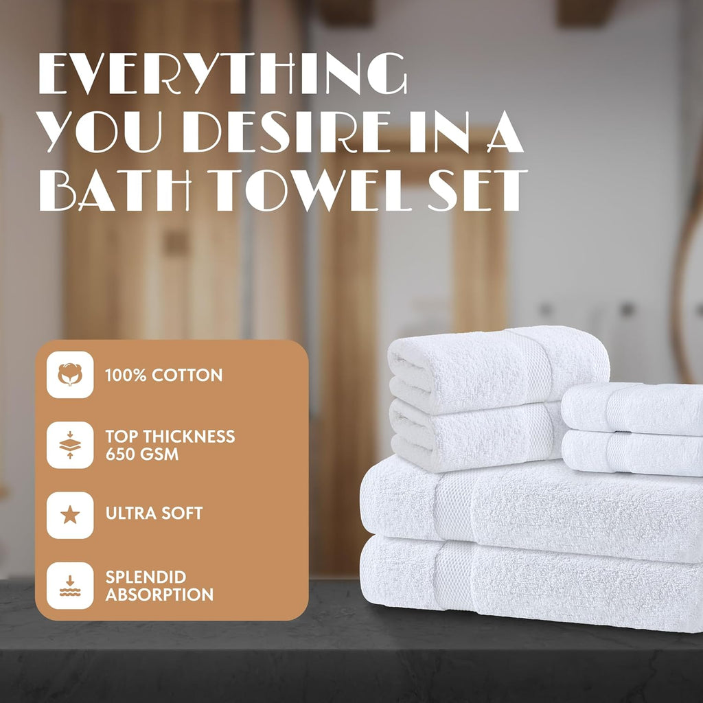 White Bath Towel Set of 6 - 100% Cotton Highly Absorbent Towels for Bathroom, 2 Luxury Bath Towels 650GSM, 2 Hand Towels, 2 Washcloths