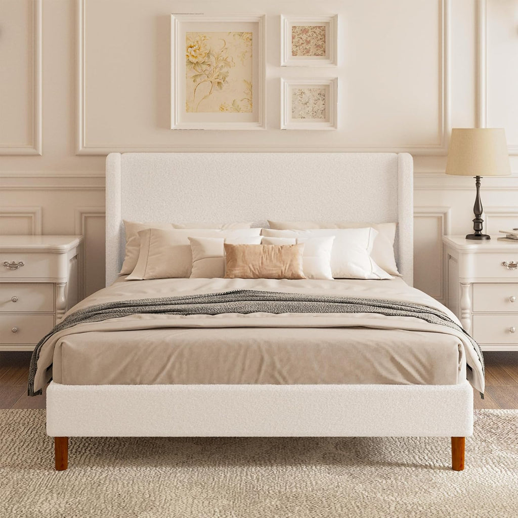 Queen Boucle Upholstered Platform Bed Frame with Adjustable Wingback Headboard, Cloud Bed with Solid Wood Legs, No Box Spring Needed, Easy Assembly, White