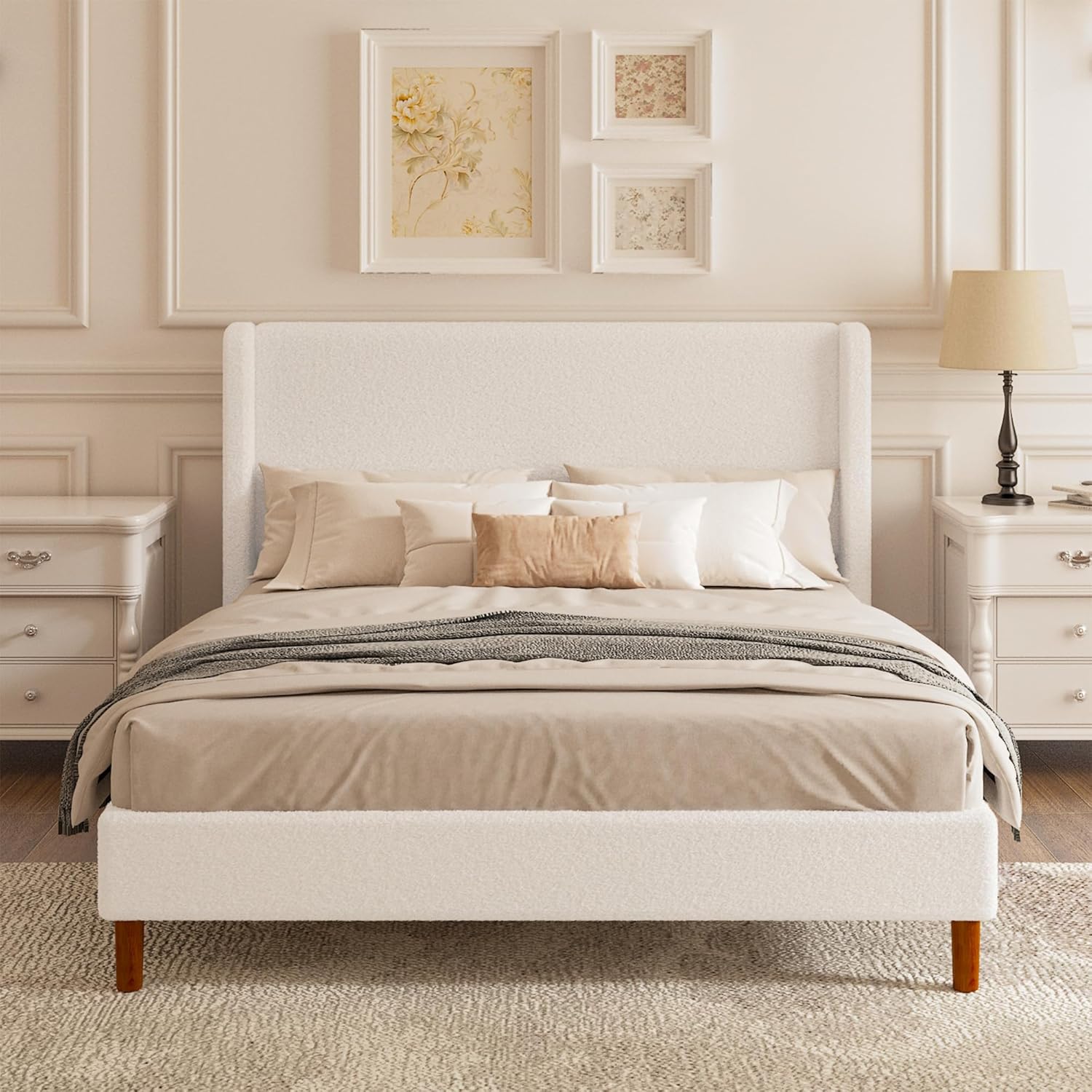 Queen Boucle Upholstered Platform Bed Frame with Adjustable Wingback Headboard, Cloud Bed with Solid Wood Legs, No Box Spring Needed, Easy Assembly, White