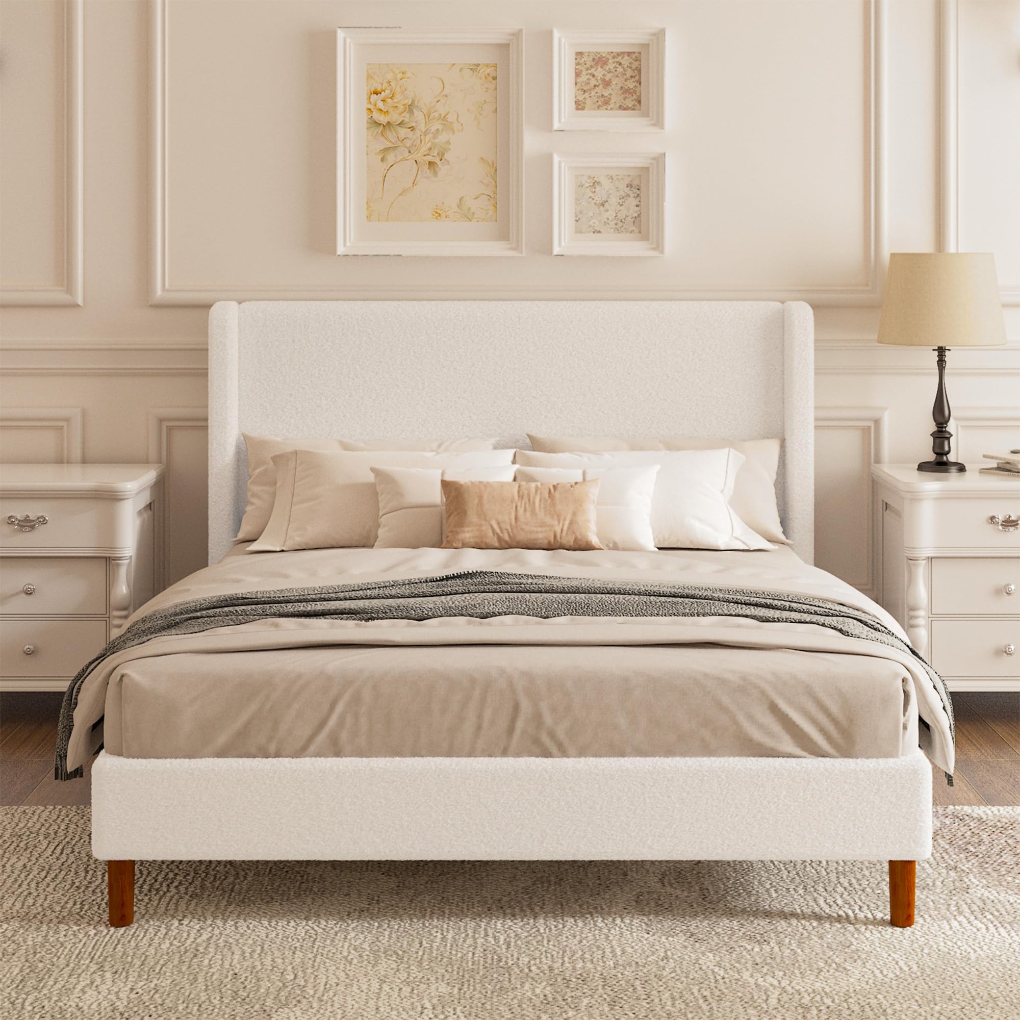 Queen Boucle Upholstered Platform Bed Frame with Adjustable Wingback Headboard, Cloud Bed with Solid Wood Legs, No Box Spring Needed, Easy Assembly, White