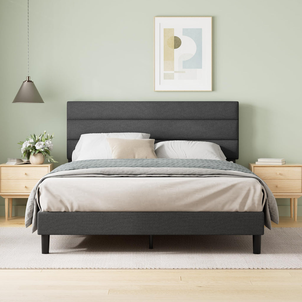 Zinus King Maya Upholstered Bed Frame with Asymmetric Headboard, Durable Wooden Slats, Sturdy Framework, Noise Free Sleep, No Box Spring Needed, Easy Assembly, Eco Friendly Packaging, Dark Grey