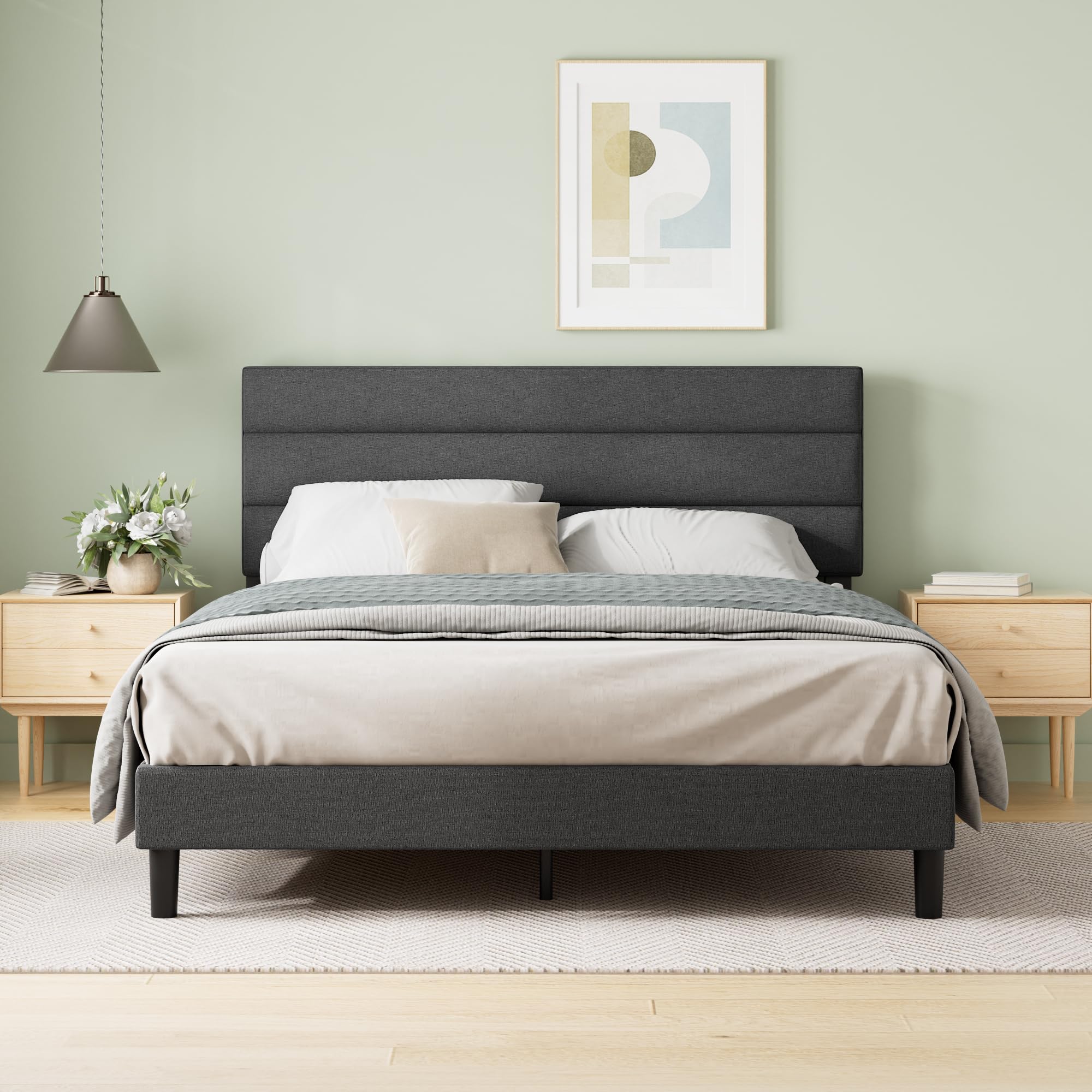 Zinus King Maya Upholstered Bed Frame with Asymmetric Headboard, Durable Wooden Slats, Sturdy Framework, Noise Free Sleep, No Box Spring Needed, Easy Assembly, Eco Friendly Packaging, Dark Grey