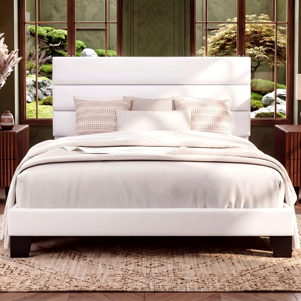 Allewie Queen Size Platform Bed Frame with Fabric Upholstered Headboard and Wooden Slats Support, Fully Upholstered Mattress Foundation/No Box Spring Needed/Easy Assembly, Dark Grey