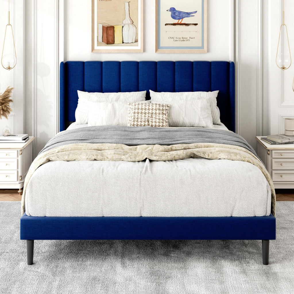 Gruwans Queen Size Bed Frame with Upholstered Wingback Headboard, Easy Assemnly Platform Bed, Wooden Slat Support No Box Spring Needed, Sand