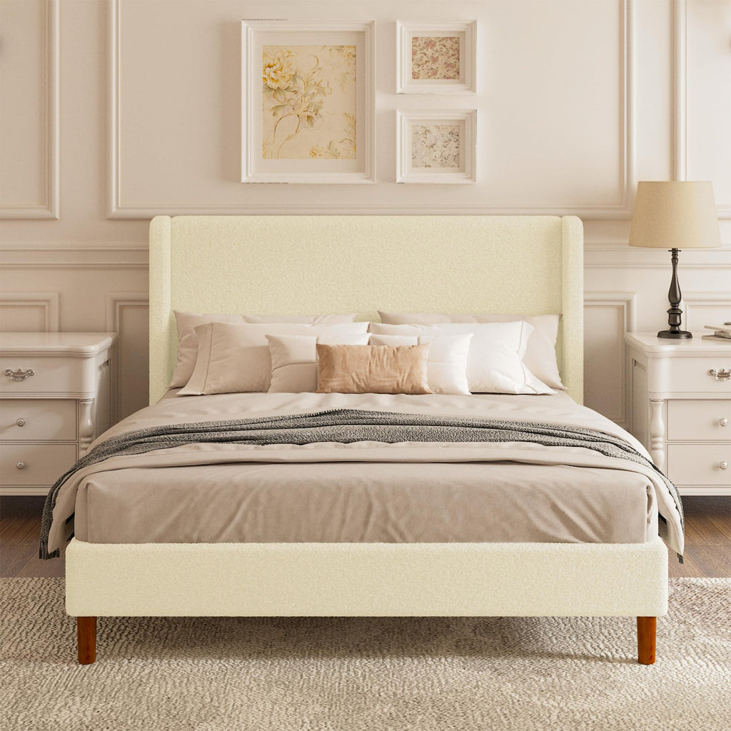 Queen Boucle Upholstered Platform Bed Frame with Adjustable Wingback Headboard, Cloud Bed with Solid Wood Legs, No Box Spring Needed, Easy Assembly, White