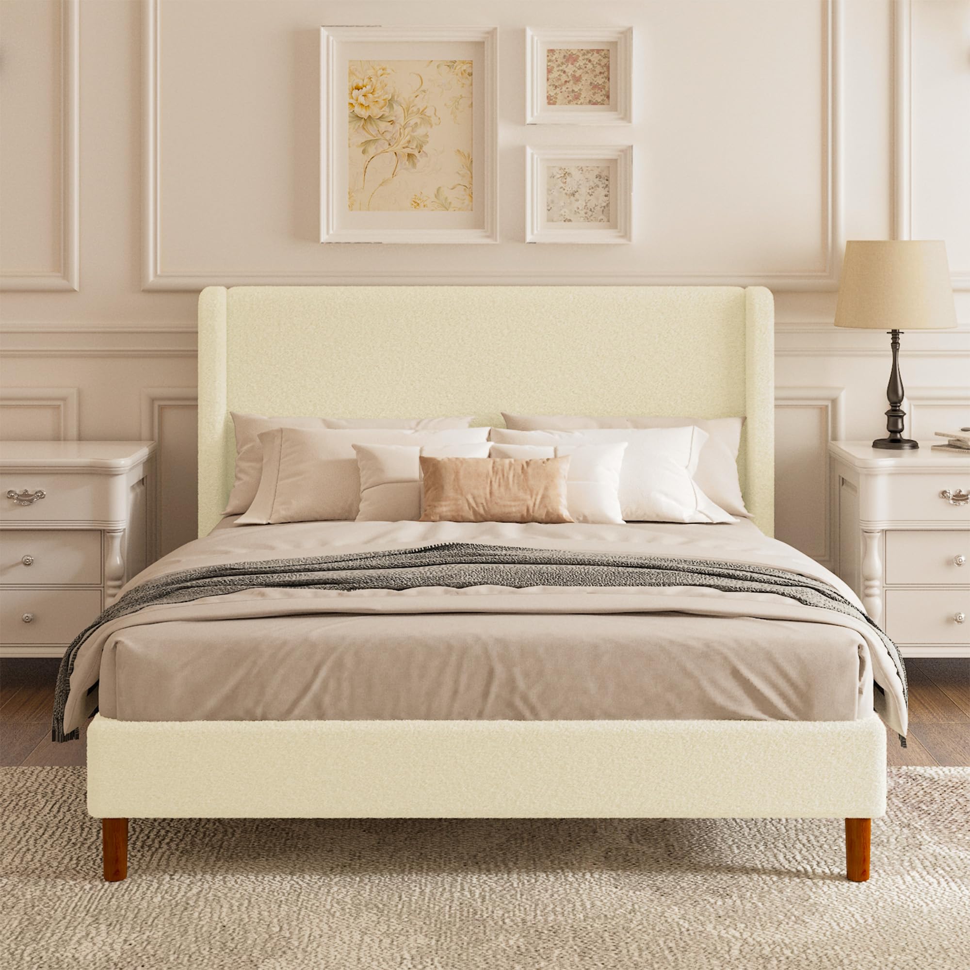 Queen Boucle Upholstered Platform Bed Frame with Adjustable Wingback Headboard, Cloud Bed with Solid Wood Legs, No Box Spring Needed, Easy Assembly, White