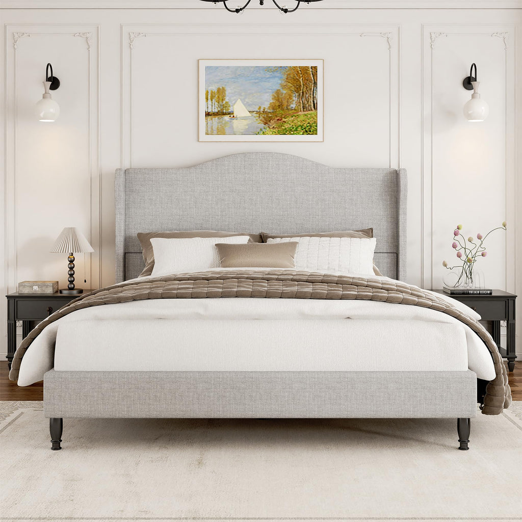 Queen Size Bed Frame with 50.4" Tall Wingback Headboard, Upholstered Platform Bed Frame with Arched Tufted Design, No Box Spring Needed, 1000lbs Heavy Duty Support, Easy Assembly, Light Grey