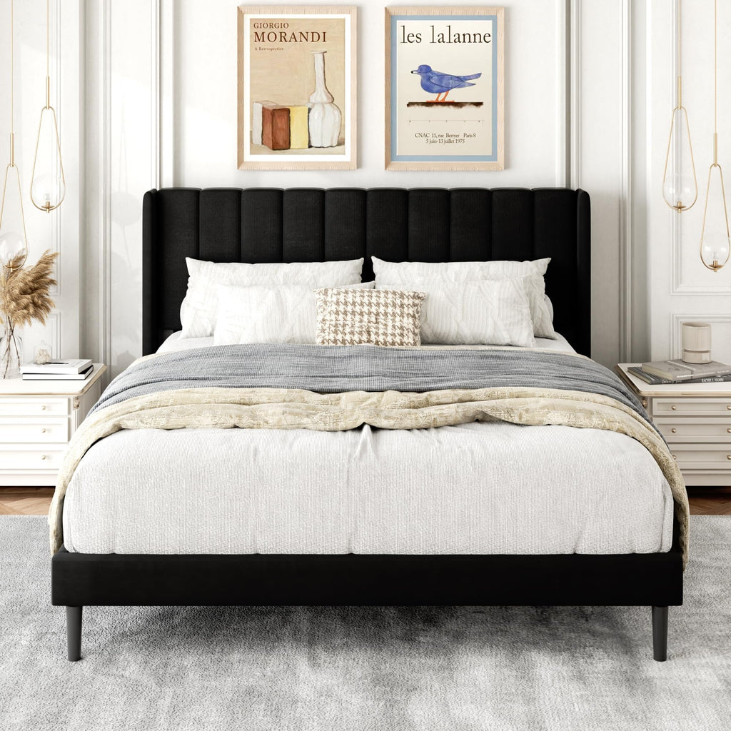 Gruwans Queen Size Bed Frame with Upholstered Wingback Headboard, Easy Assemnly Platform Bed, Wooden Slat Support No Box Spring Needed, Sand