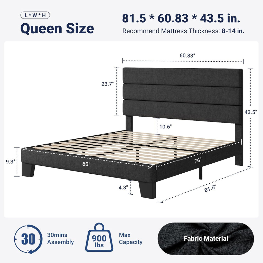 Allewie Queen Size Platform Bed Frame with Fabric Upholstered Headboard and Wooden Slats Support, Fully Upholstered Mattress Foundation/No Box Spring Needed/Easy Assembly, Dark Grey