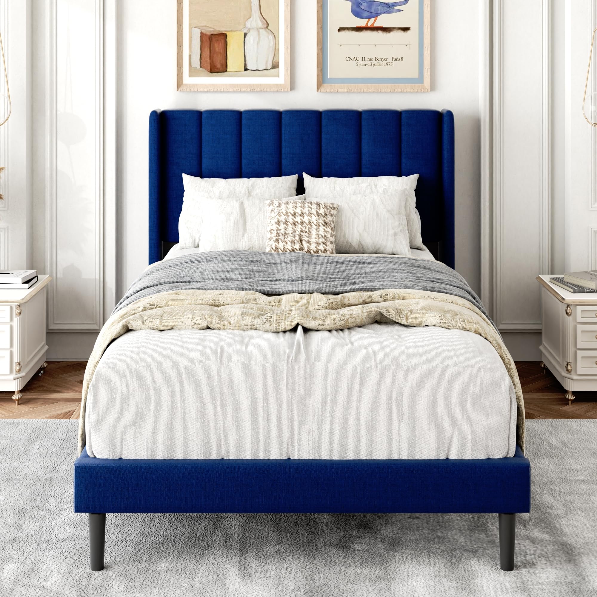 Gruwans Queen Size Bed Frame with Upholstered Wingback Headboard, Easy Assemnly Platform Bed, Wooden Slat Support No Box Spring Needed, Sand