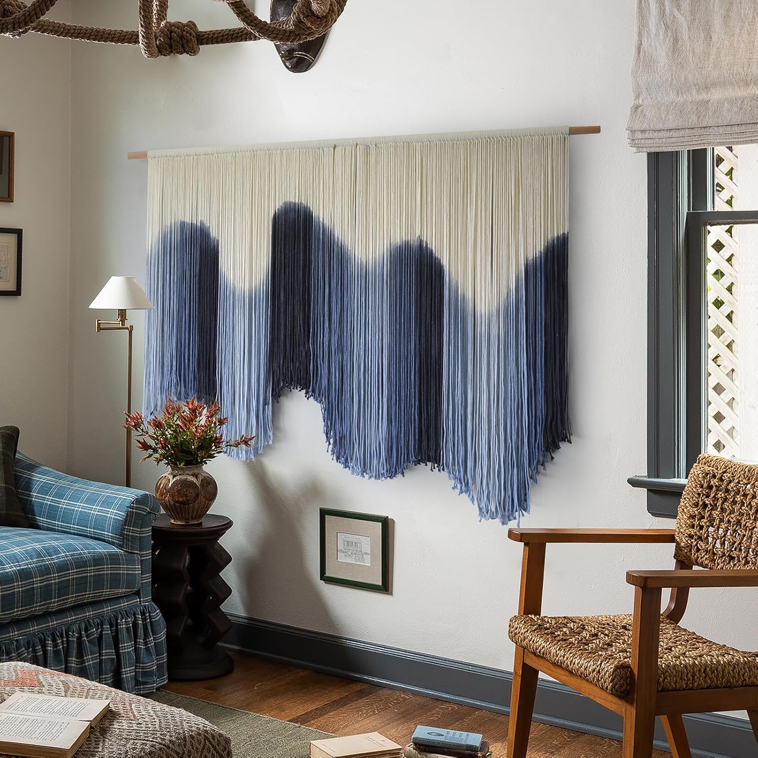 IOWER Macrame Wall Hanging Large Blue Dip Dyed Fiber Art Tapestry, Handmade Boho Wall Decor for Living Room Bedroom, Macrame Wall Art 57" W x 39" L