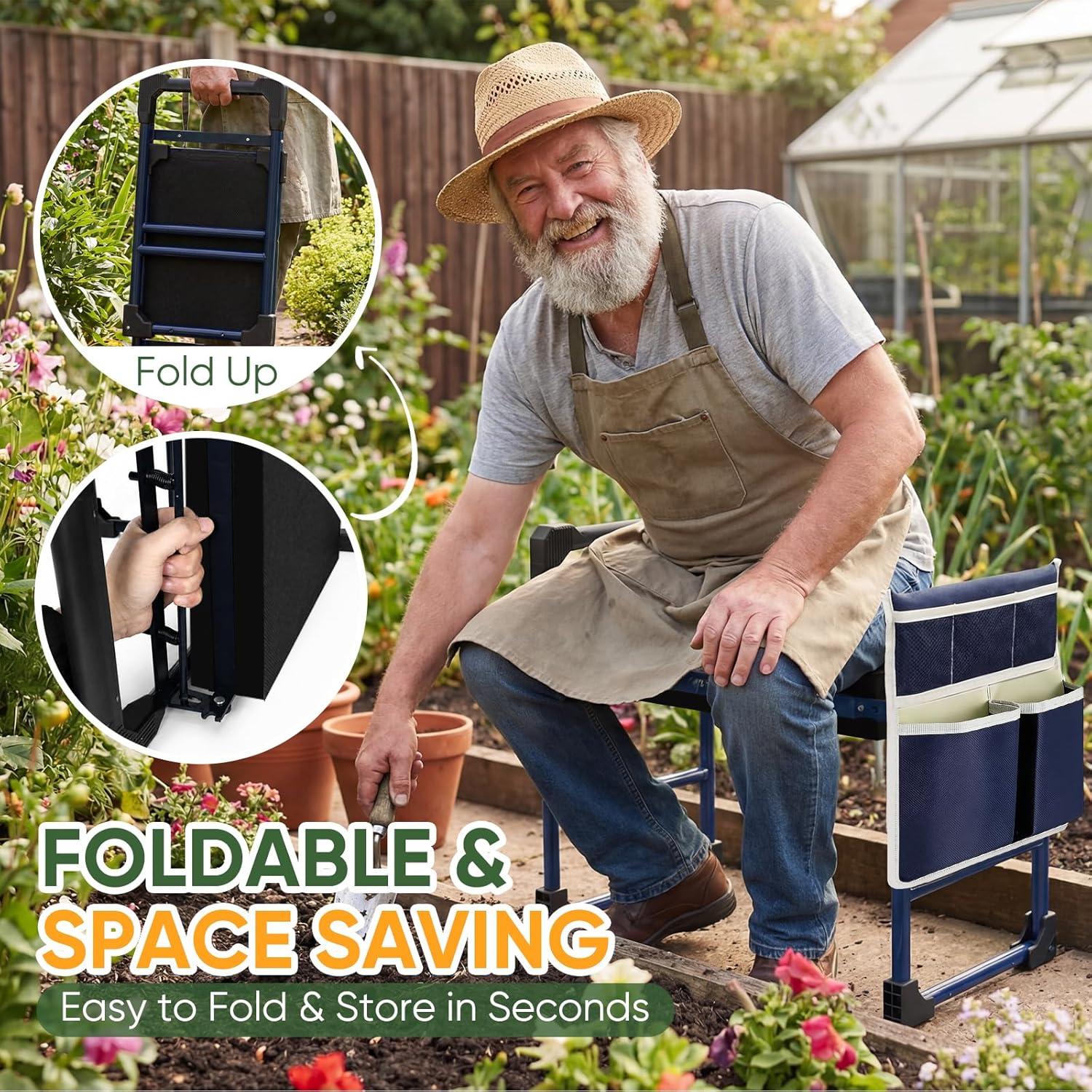 Garden Kneeler and Seat, Heavy Duty Anti-Tip Foldable Gardening Stool Bench Kneeler with Widened Thicken Kneeling Pad & Tool Bag, Gardening Gifts for Seniors, Gardeners, Women, Men, Fathers