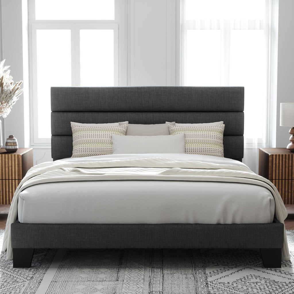 Allewie Queen Size Platform Bed Frame with Fabric Upholstered Headboard and Wooden Slats Support, Fully Upholstered Mattress Foundation/No Box Spring Needed/Easy Assembly, Dark Grey