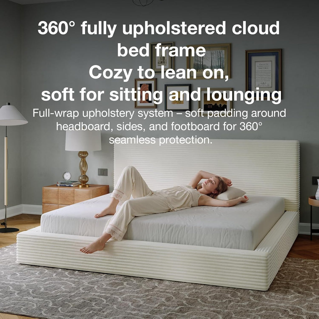 Novilla Queen Size Bed Frame, Plush CloudSoft Bed, Corduroy Upholstered Platform Bed Frame with Headboard, Easy Assembly, No Box Spring Needed, Modern Soft Bed Frame, White