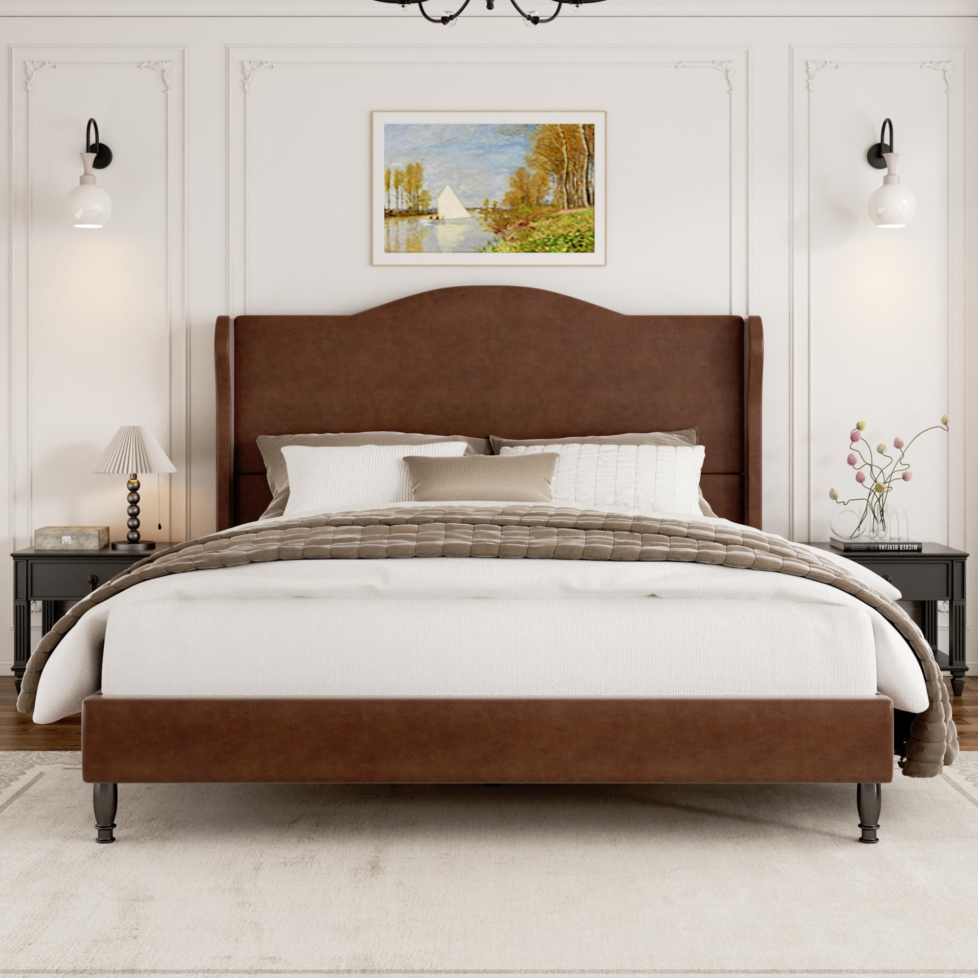 Queen Size Bed Frame with 50.4" Tall Wingback Headboard, Upholstered Platform Bed Frame with Arched Tufted Design, No Box Spring Needed, 1000lbs Heavy Duty Support, Easy Assembly, Light Grey