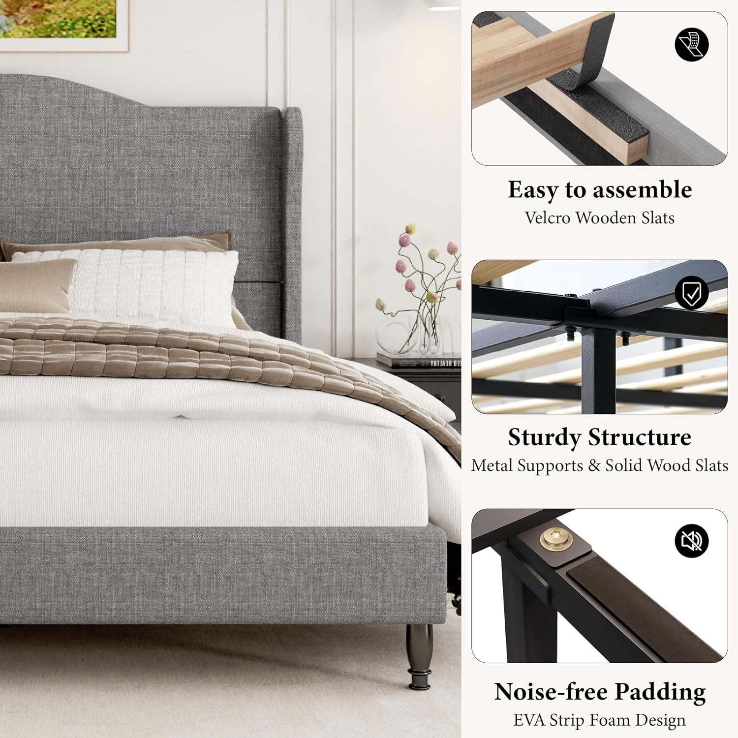Queen Size Bed Frame with 50.4" Tall Wingback Headboard, Upholstered Platform Bed Frame with Arched Tufted Design, No Box Spring Needed, 1000lbs Heavy Duty Support, Easy Assembly, Light Grey