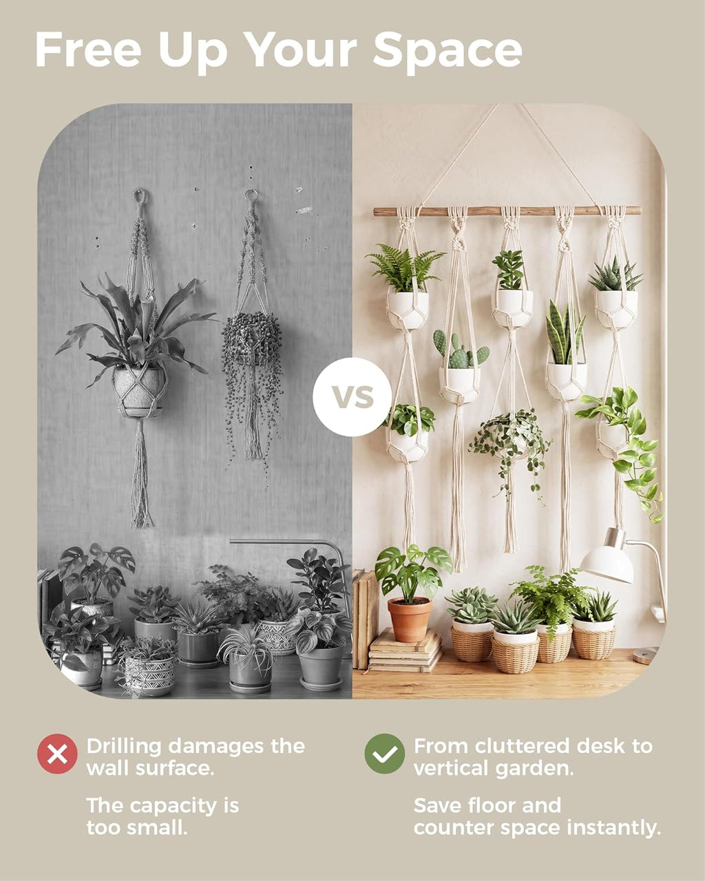 Bamworld Macrame Plant Hanger with Wooden Dowel Multi-Tier Hanging Planters for Indoor Plants Wall Mounted Hanging Plant Holder with 8 Pockets Boho Hanging Baskets for Wall Decor(Pot Not Included)