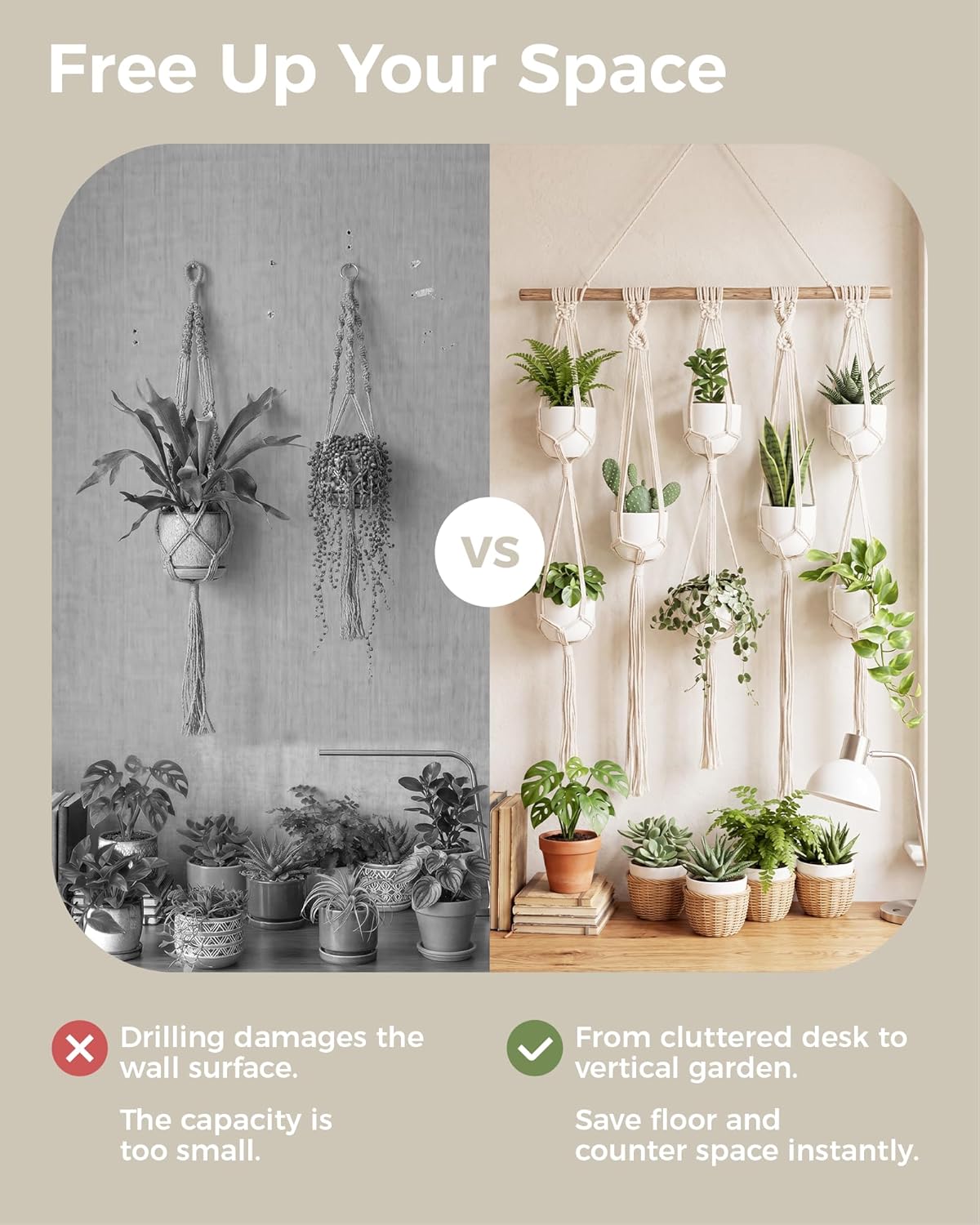 Bamworld Macrame Plant Hanger with Wooden Dowel Multi-Tier Hanging Planters for Indoor Plants Wall Mounted Hanging Plant Holder with 8 Pockets Boho Hanging Baskets for Wall Decor(Pot Not Included)