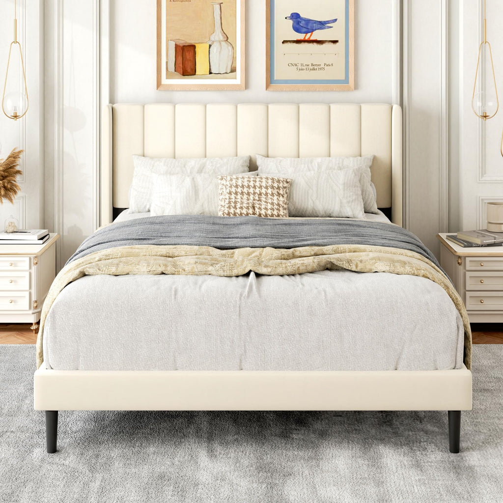 Gruwans Queen Size Bed Frame with Upholstered Wingback Headboard, Easy Assemnly Platform Bed, Wooden Slat Support No Box Spring Needed, Sand
