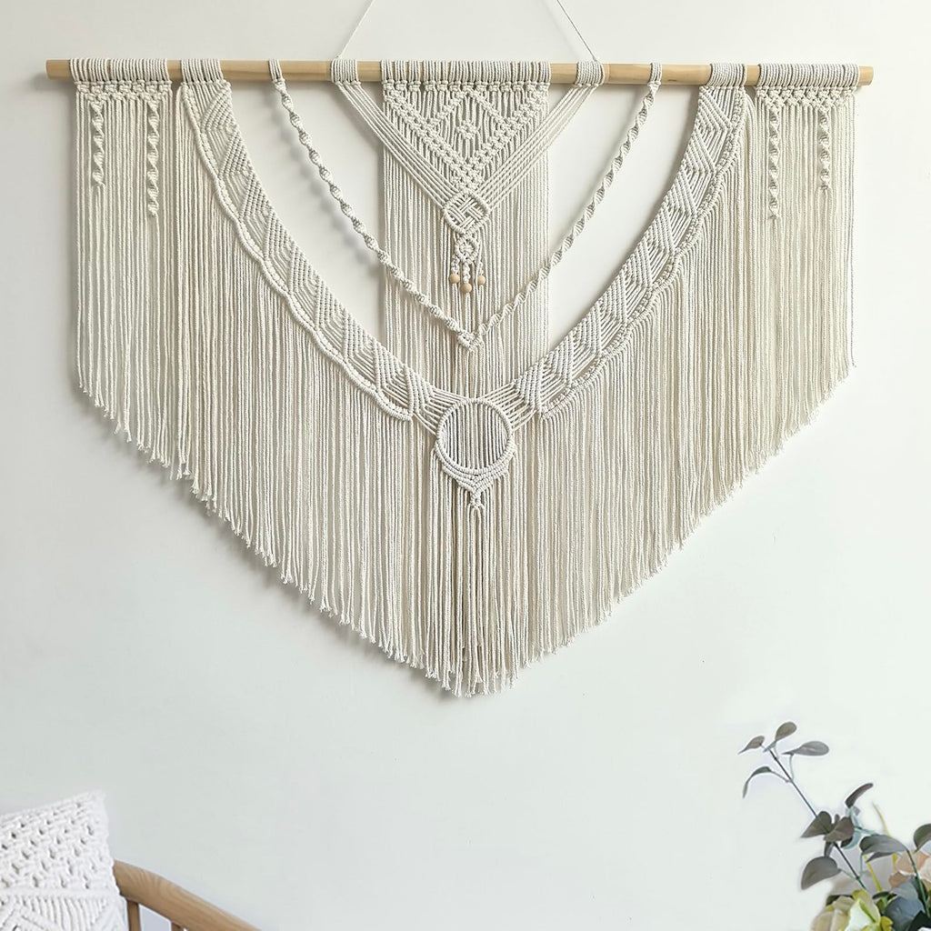 Achart Macrame Wall Hanging Large- Boho Wall Decor- large wall art- Wall Decor Living Room- Macrame Tapestry Boho Decor for Bedroom (Wooden Bead)