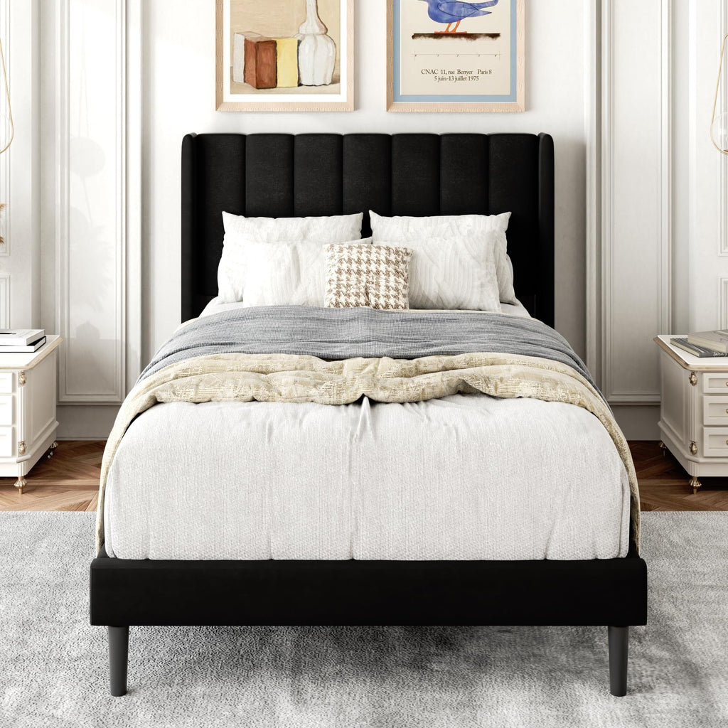 Gruwans Queen Size Bed Frame with Upholstered Wingback Headboard, Easy Assemnly Platform Bed, Wooden Slat Support No Box Spring Needed, Sand
