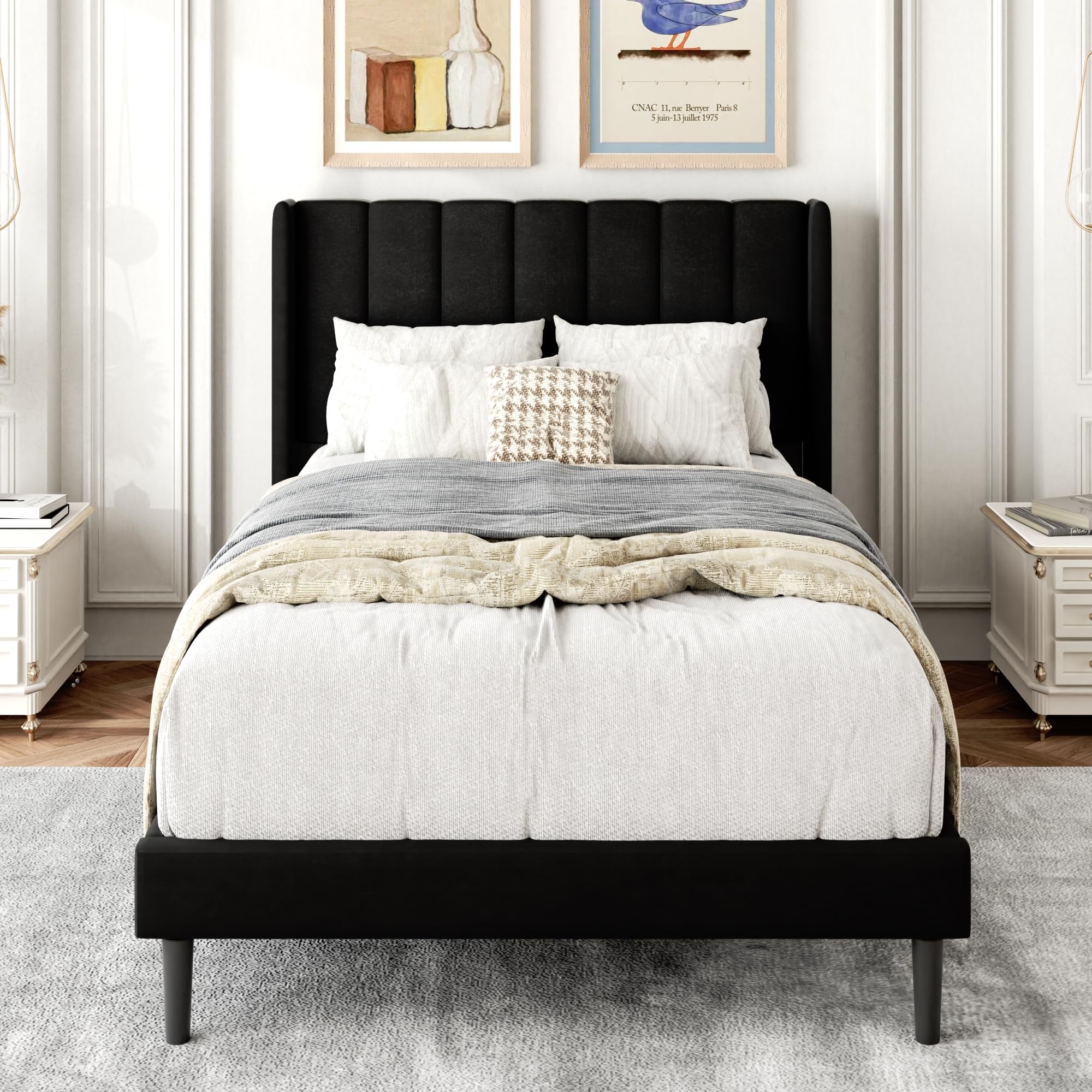 Gruwans Queen Size Bed Frame with Upholstered Wingback Headboard, Easy Assemnly Platform Bed, Wooden Slat Support No Box Spring Needed, Sand