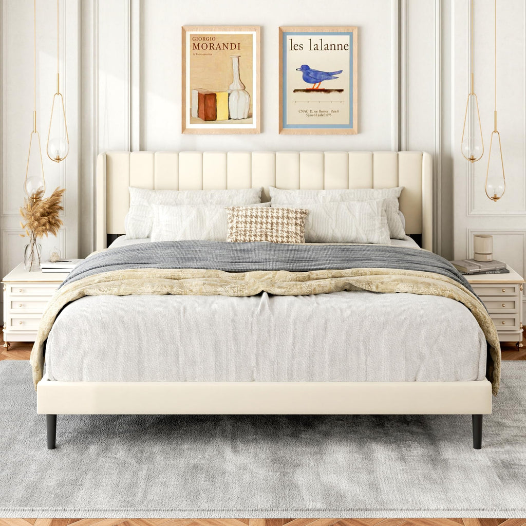 Gruwans Queen Size Bed Frame with Upholstered Wingback Headboard, Easy Assemnly Platform Bed, Wooden Slat Support No Box Spring Needed, Sand