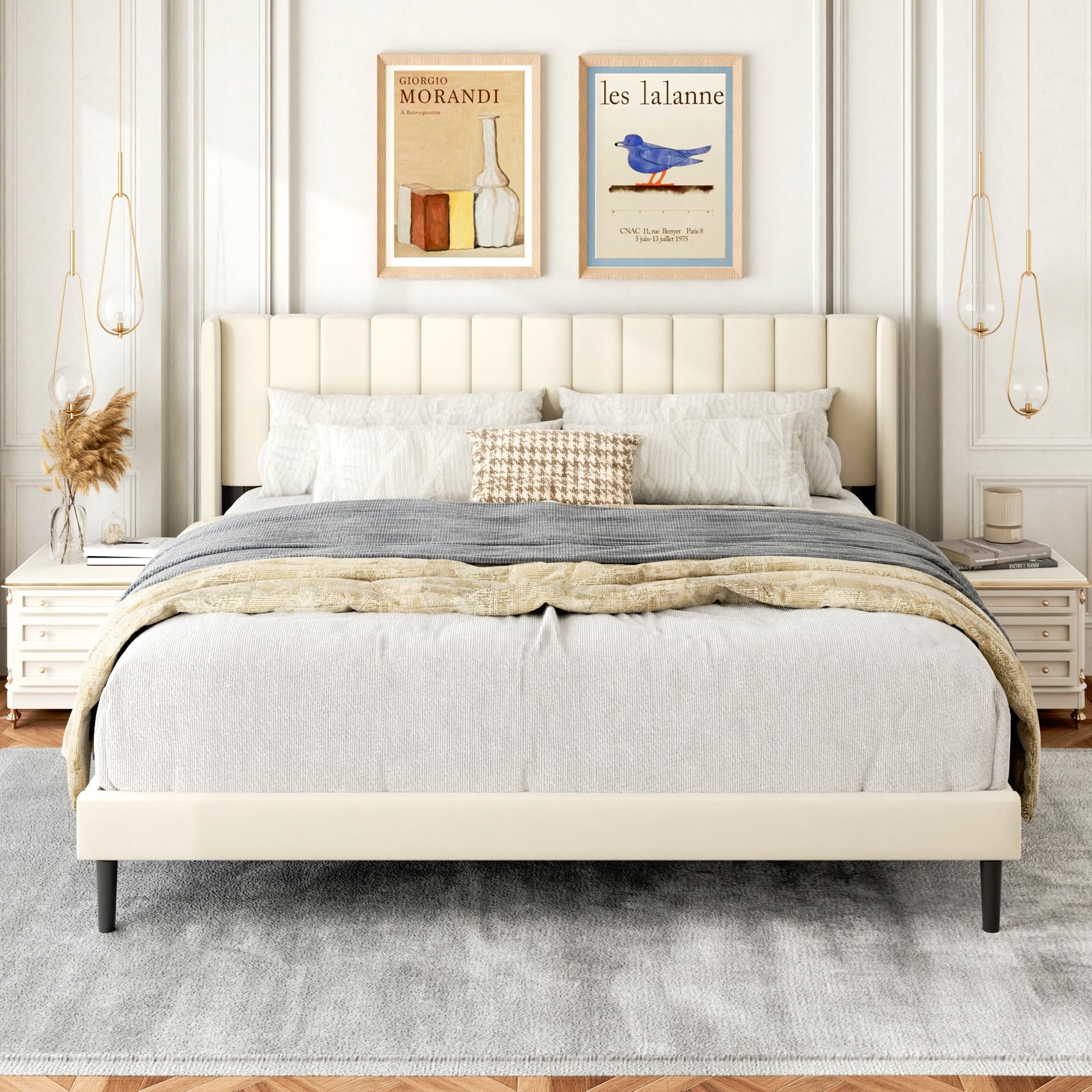 Gruwans Queen Size Bed Frame with Upholstered Wingback Headboard, Easy Assemnly Platform Bed, Wooden Slat Support No Box Spring Needed, Sand