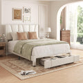 Queen Bed Frame with Storage Drawers, Upholstered Queen Size Platform Bed with 47" Tall Headboard and Wingboard, No Box Spring Needed, Noise Free, Easy Assembly, Wooden Support Slats, Beige