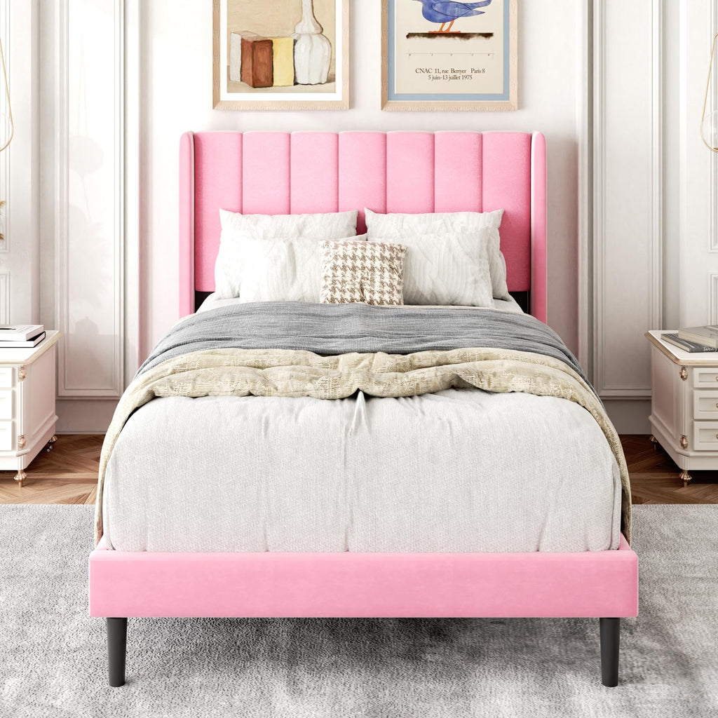 Gruwans Queen Size Bed Frame with Upholstered Wingback Headboard, Easy Assemnly Platform Bed, Wooden Slat Support No Box Spring Needed, Sand