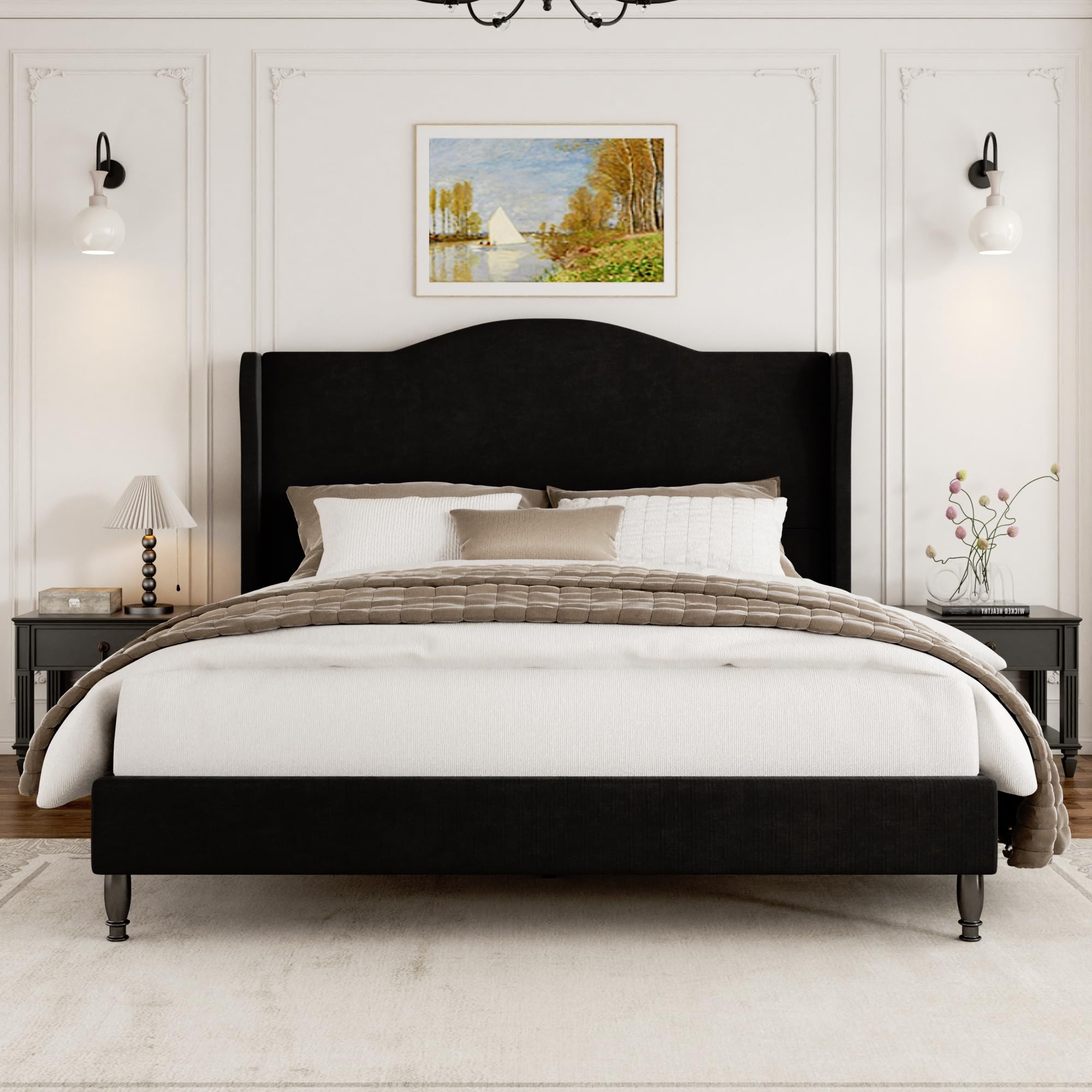Queen Size Bed Frame with 50.4" Tall Wingback Headboard, Upholstered Platform Bed Frame with Arched Tufted Design, No Box Spring Needed, 1000lbs Heavy Duty Support, Easy Assembly, Light Grey