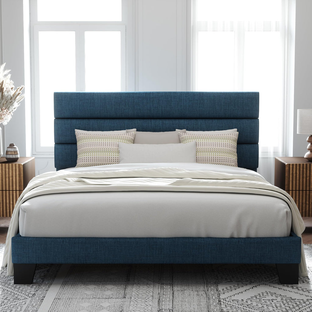 Allewie Full Size Platform Bed Frame with Fabric Upholstered Headboard and Wooden Slats Support, Fully Upholstered Mattress Foundation/No Box Spring Needed/Easy Assembly, Dark Grey