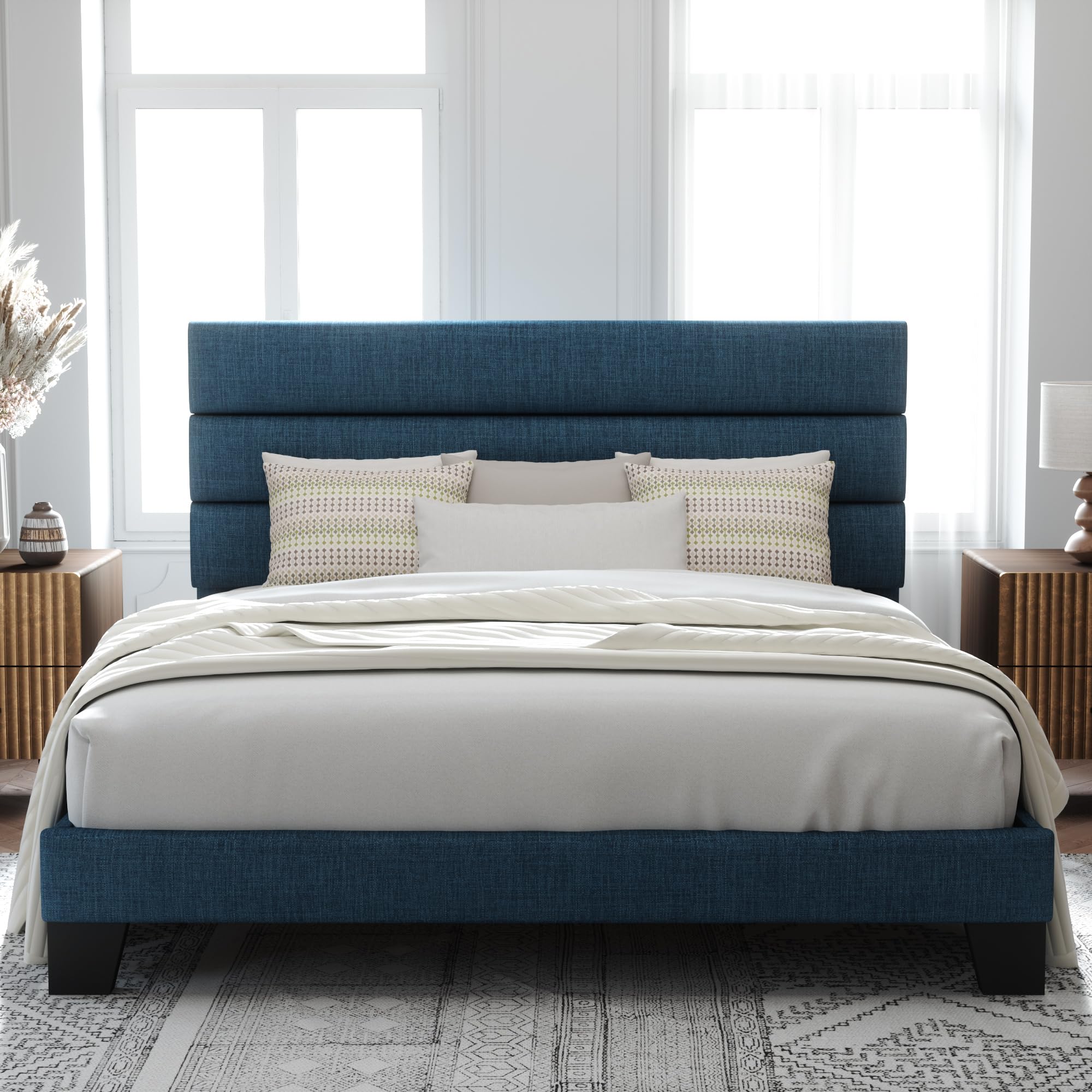 Allewie Queen Size Platform Bed Frame with Fabric Upholstered Headboard and Wooden Slats Support, Fully Upholstered Mattress Foundation/No Box Spring Needed/Easy Assembly, Dark Grey