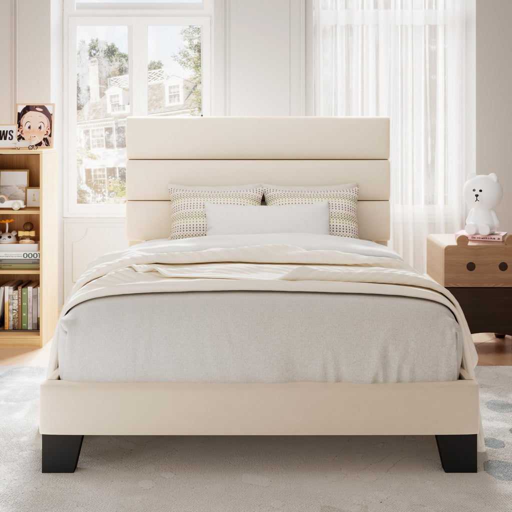 Allewie Queen Size Platform Bed Frame with Fabric Upholstered Headboard and Wooden Slats Support, Fully Upholstered Mattress Foundation/No Box Spring Needed/Easy Assembly, Dark Grey