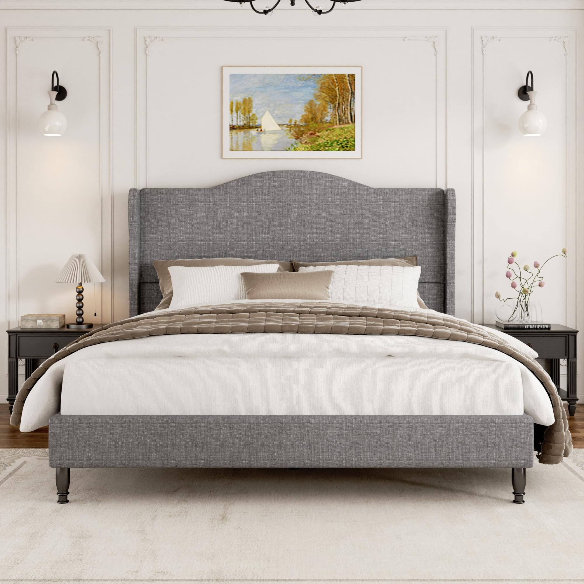 Queen Size Bed Frame with 50.4" Tall Wingback Headboard, Upholstered Platform Bed Frame with Arched Tufted Design, No Box Spring Needed, 1000lbs Heavy Duty Support, Easy Assembly, Light Grey
