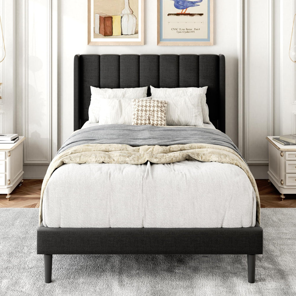 Gruwans Queen Size Bed Frame with Upholstered Wingback Headboard, Easy Assemnly Platform Bed, Wooden Slat Support No Box Spring Needed, Sand