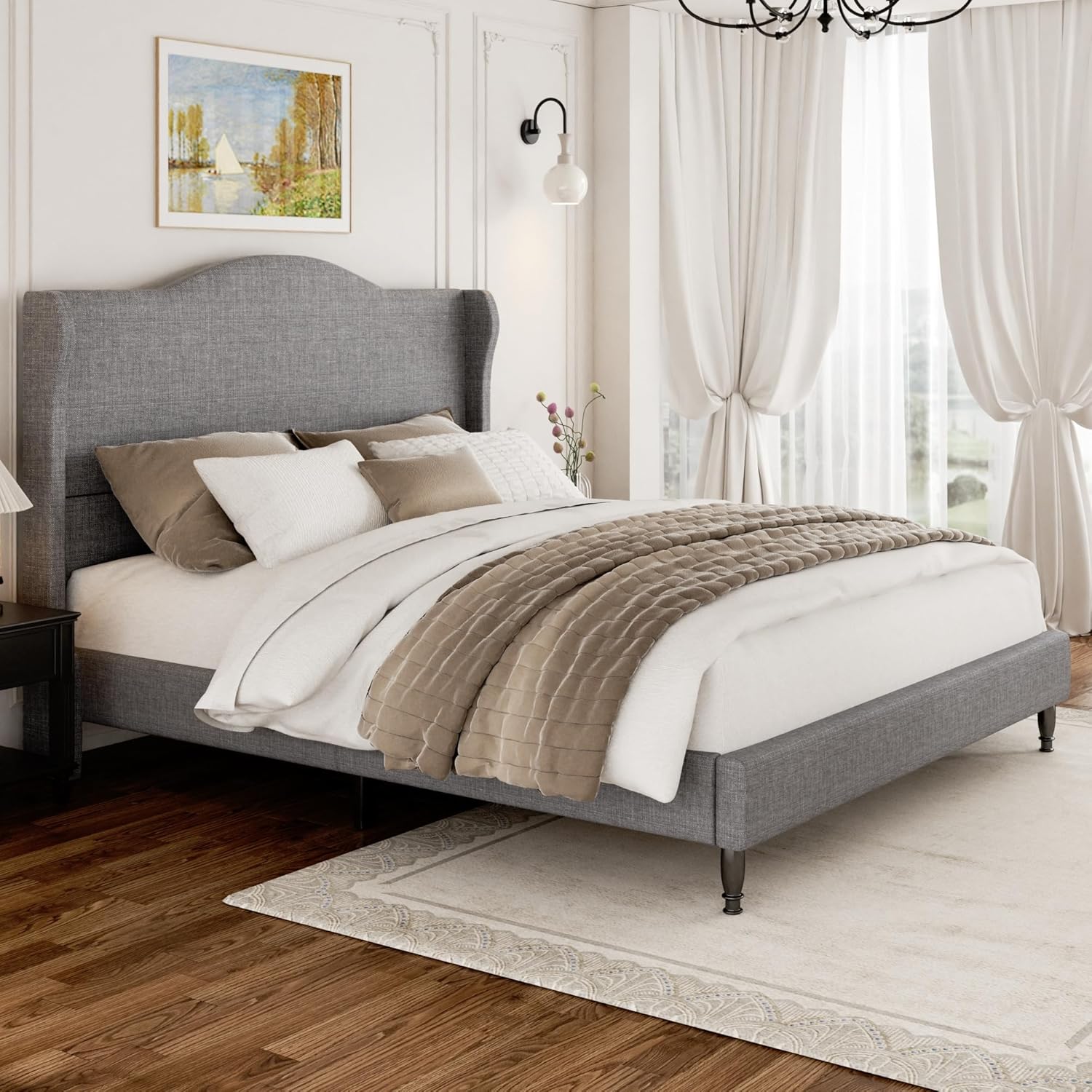 Queen Size Bed Frame with 50.4" Tall Wingback Headboard, Upholstered Platform Bed Frame with Arched Tufted Design, No Box Spring Needed, 1000lbs Heavy Duty Support, Easy Assembly, Light Grey