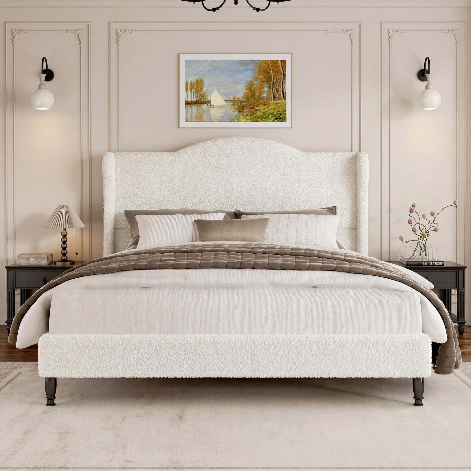 Queen Size Bed Frame with 50.4" Tall Wingback Headboard, Upholstered Platform Bed Frame with Arched Tufted Design, No Box Spring Needed, 1000lbs Heavy Duty Support, Easy Assembly, Light Grey