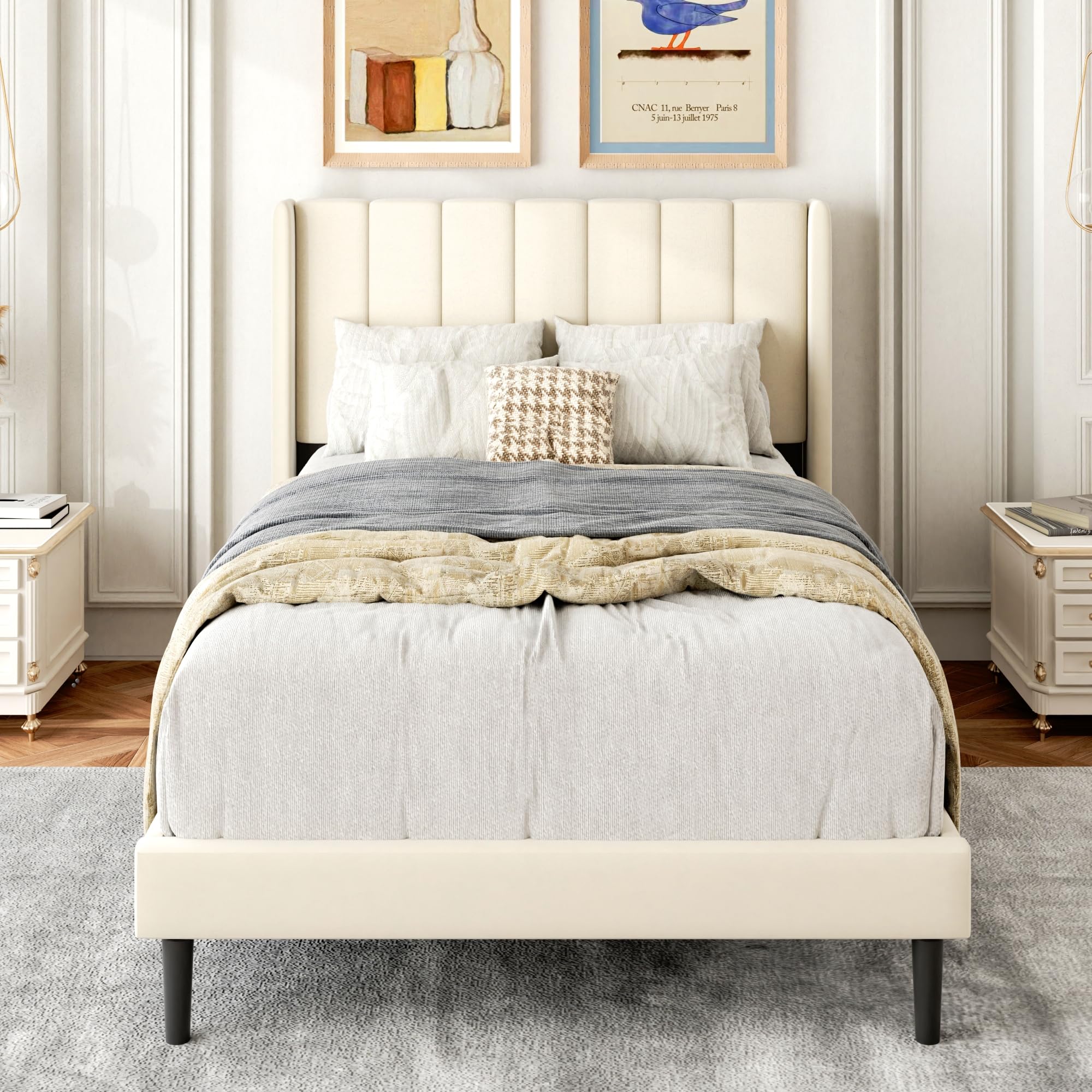 Gruwans Queen Size Bed Frame with Upholstered Wingback Headboard, Easy Assemnly Platform Bed, Wooden Slat Support No Box Spring Needed, Sand