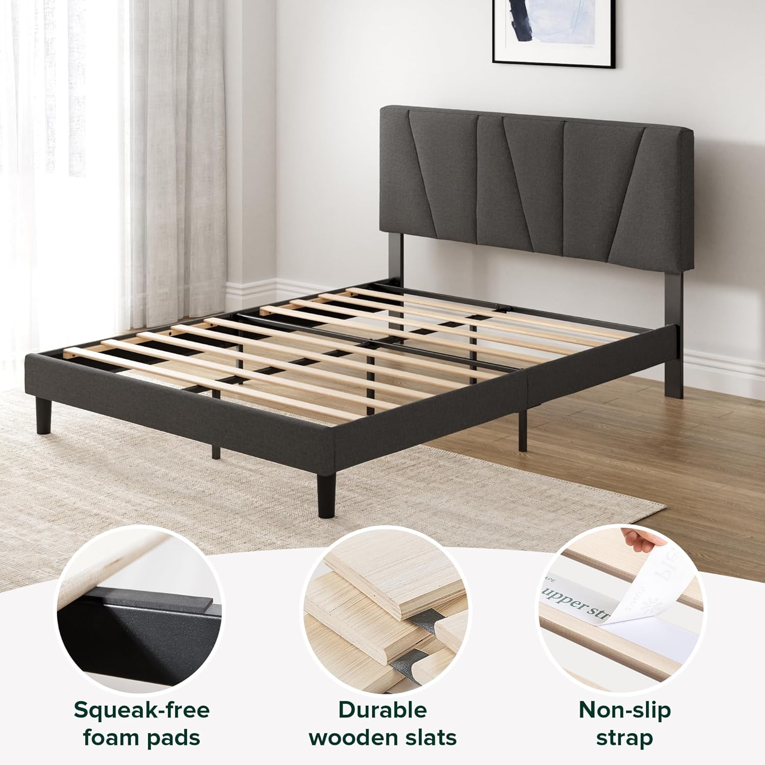 Zinus King Maya Upholstered Bed Frame with Asymmetric Headboard, Durable Wooden Slats, Sturdy Framework, Noise Free Sleep, No Box Spring Needed, Easy Assembly, Eco Friendly Packaging, Dark Grey