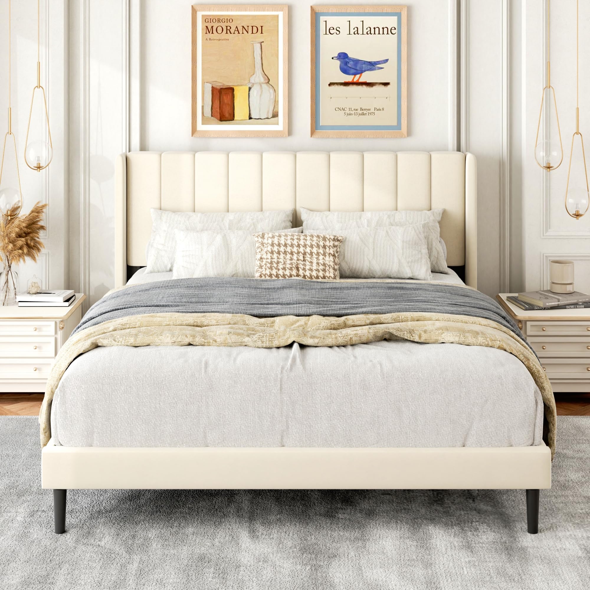 Gruwans Queen Size Bed Frame with Upholstered Wingback Headboard, Easy Assemnly Platform Bed, Wooden Slat Support No Box Spring Needed, Sand