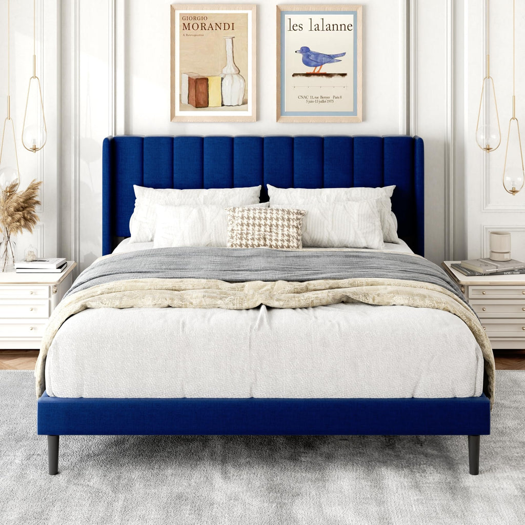 Gruwans Queen Size Bed Frame with Upholstered Wingback Headboard, Easy Assemnly Platform Bed, Wooden Slat Support No Box Spring Needed, Sand