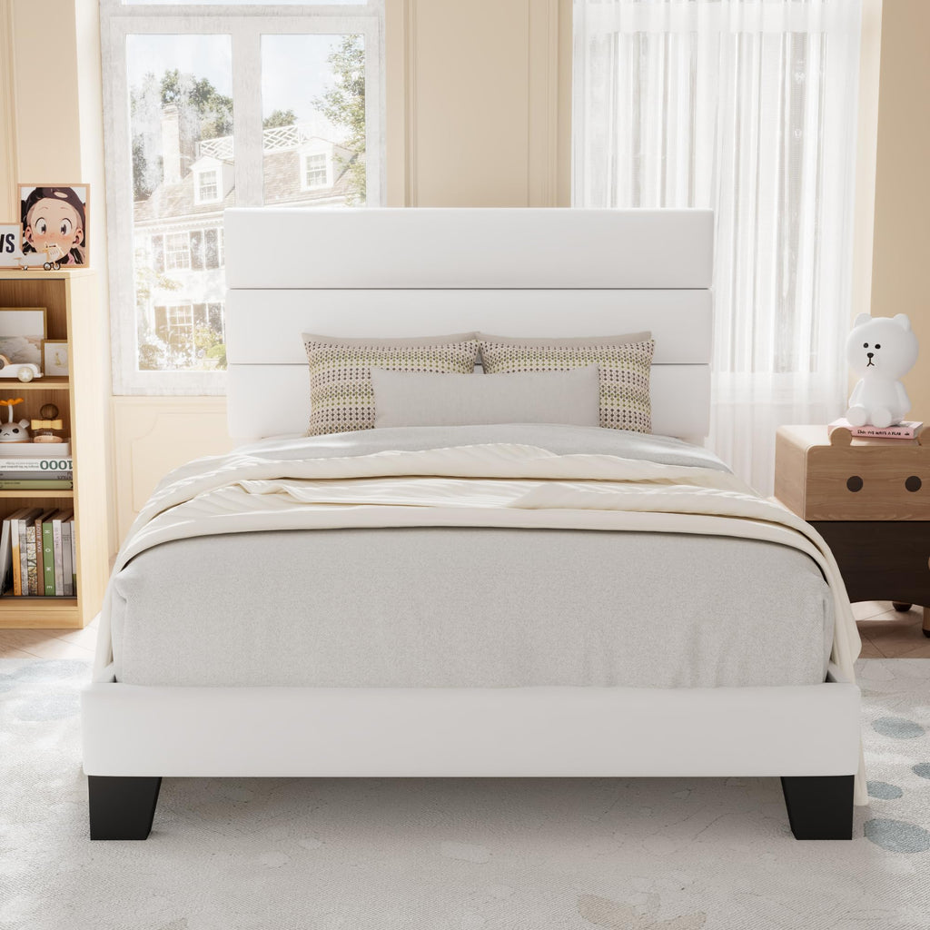 Allewie Queen Size Platform Bed Frame with Fabric Upholstered Headboard and Wooden Slats Support, Fully Upholstered Mattress Foundation/No Box Spring Needed/Easy Assembly, Navy Blue