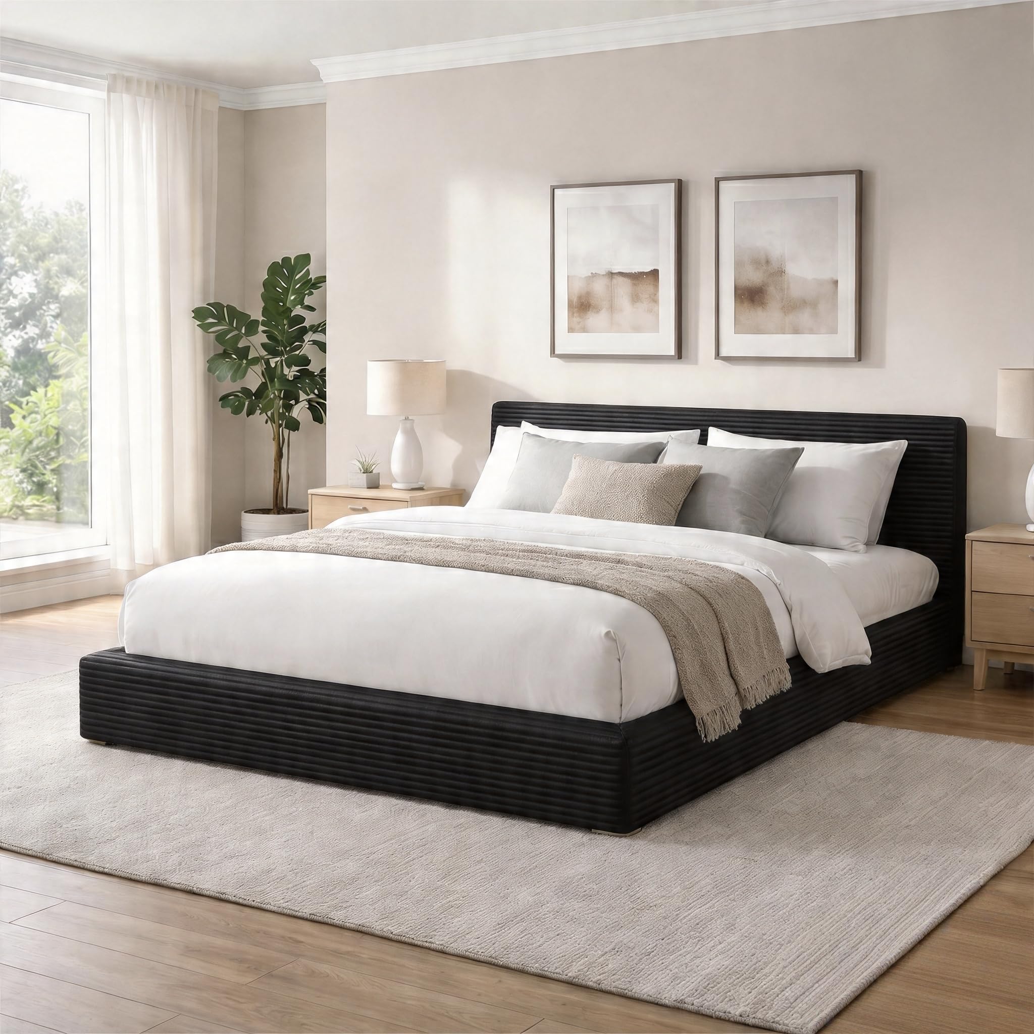 Novilla Queen Size Bed Frame, Plush CloudSoft Bed, Corduroy Upholstered Platform Bed Frame with Headboard, Easy Assembly, No Box Spring Needed, Modern Soft Bed Frame, White