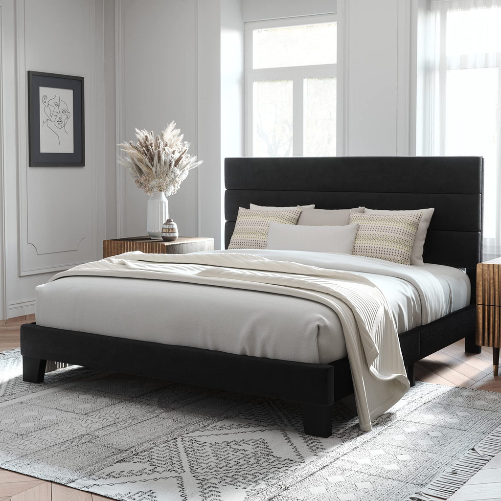Allewie Queen Size Platform Bed Frame with Fabric Upholstered Headboard and Wooden Slats Support, Fully Upholstered Mattress Foundation/No Box Spring Needed/Easy Assembly, Navy Blue