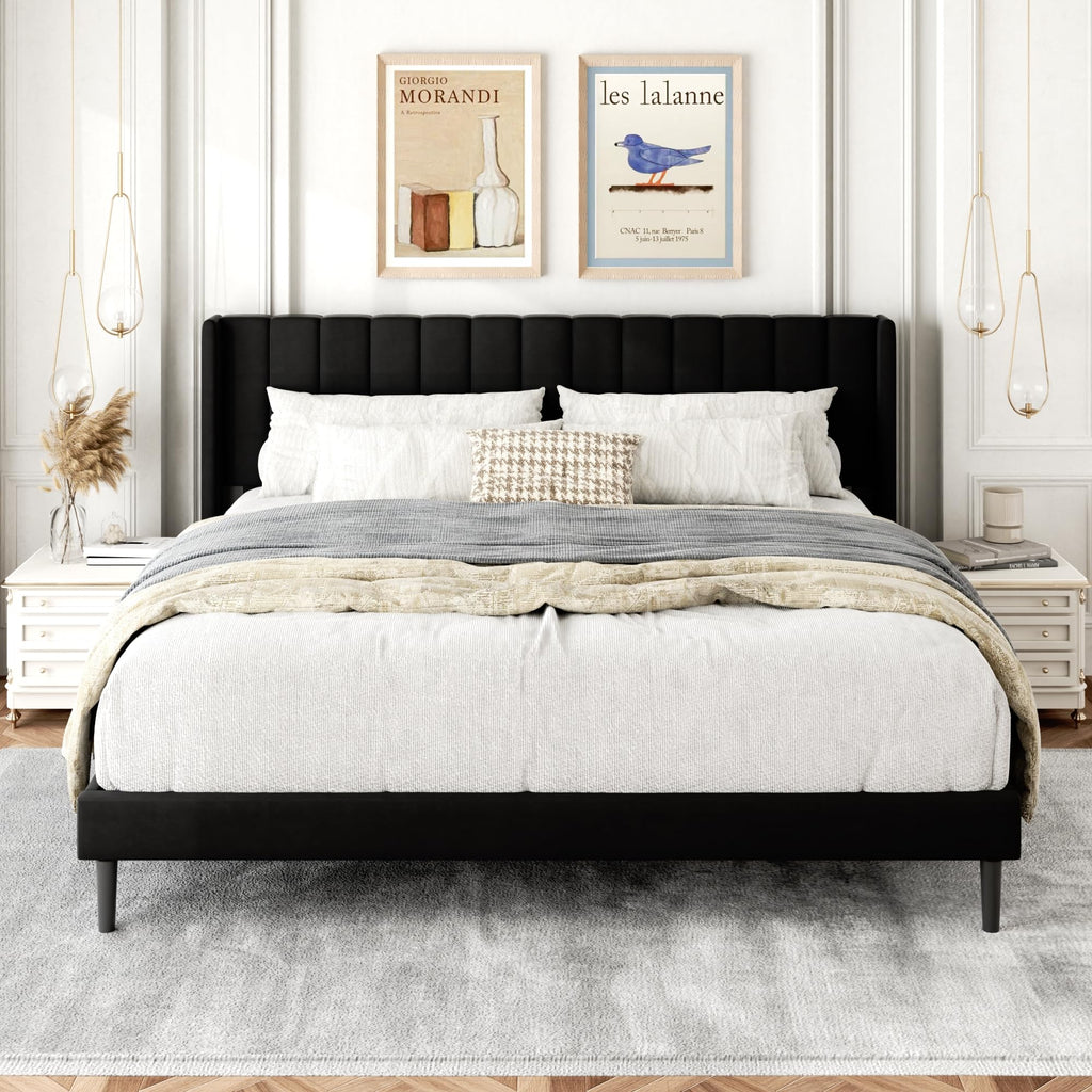 Gruwans Queen Size Bed Frame with Upholstered Wingback Headboard, Easy Assemnly Platform Bed, Wooden Slat Support No Box Spring Needed, Sand